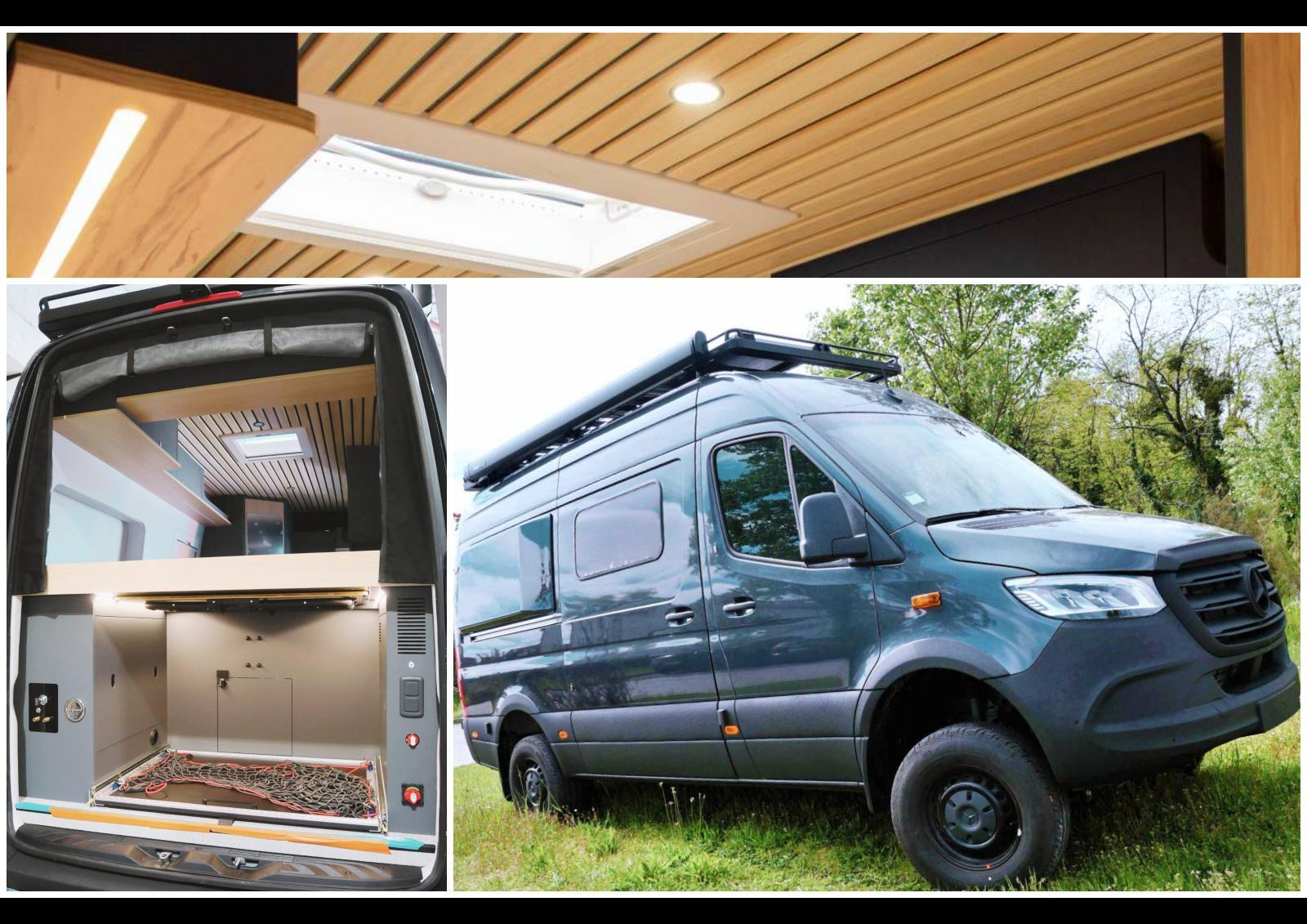 Diligence présente un Sprinter aménagé 100% sur mesure : banquette en face à face, lit peigne, cuisine, nombreux rangements, tiroir de soute à forte charge et équipements tout-terrain.