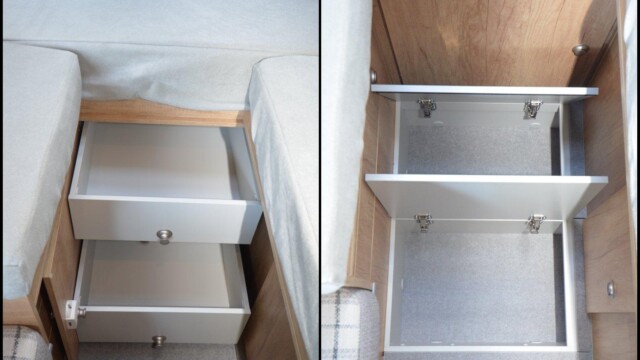 A gauche, les deux tiroirs incorporés au coffre de soute ; à droite, deux des trois niches logées dans le faux-plancher.