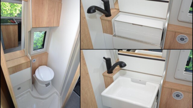 La salle d'eau s'équipe d'une vasque escamotable. A noter aussi la présence d'une baie ET d'un lanterneau.