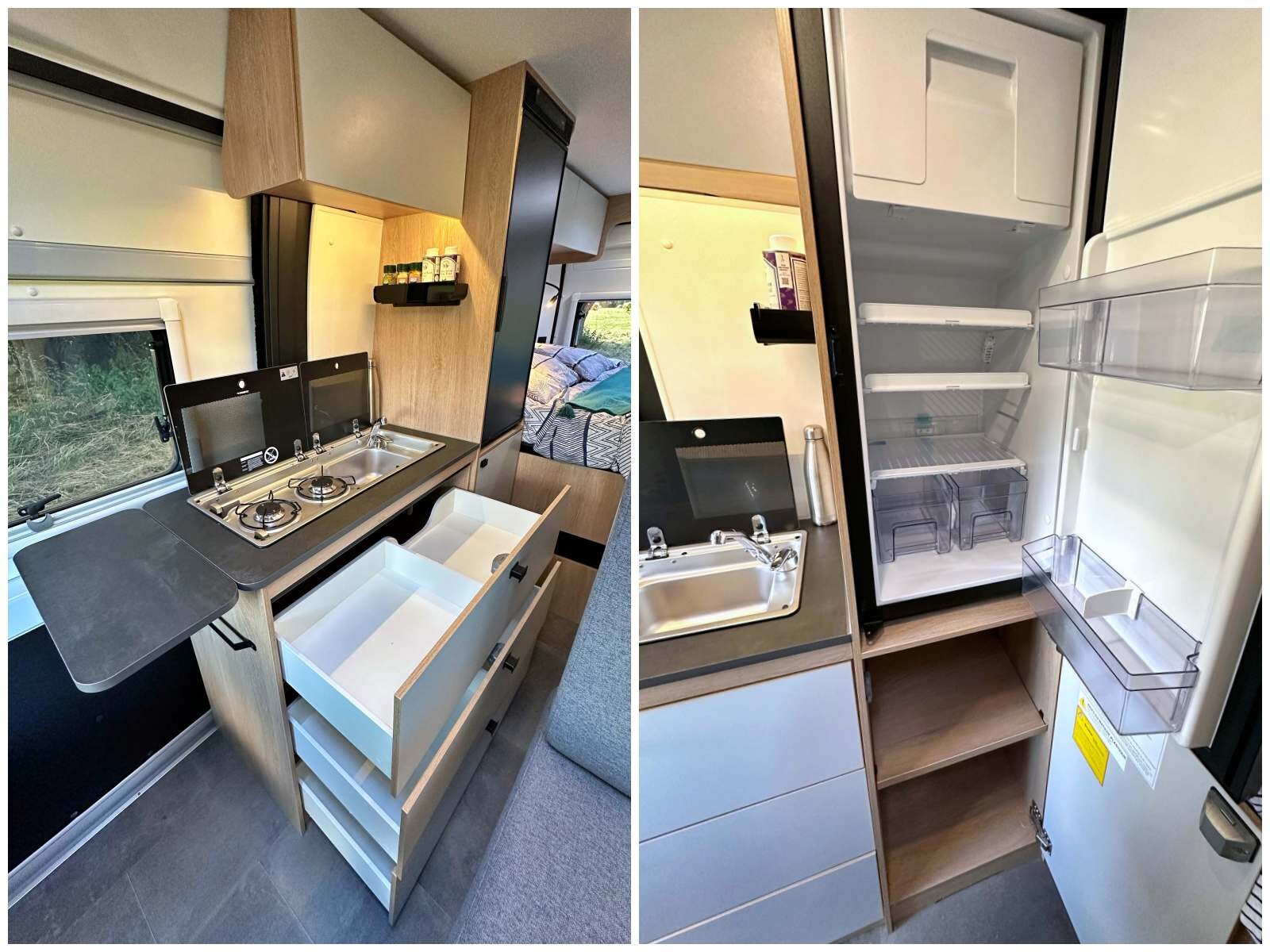 Prolongée par un réfrigérateur haut à compression 90 L judicieusement placé en position haute, la cuisine profite de larges tiroirs.