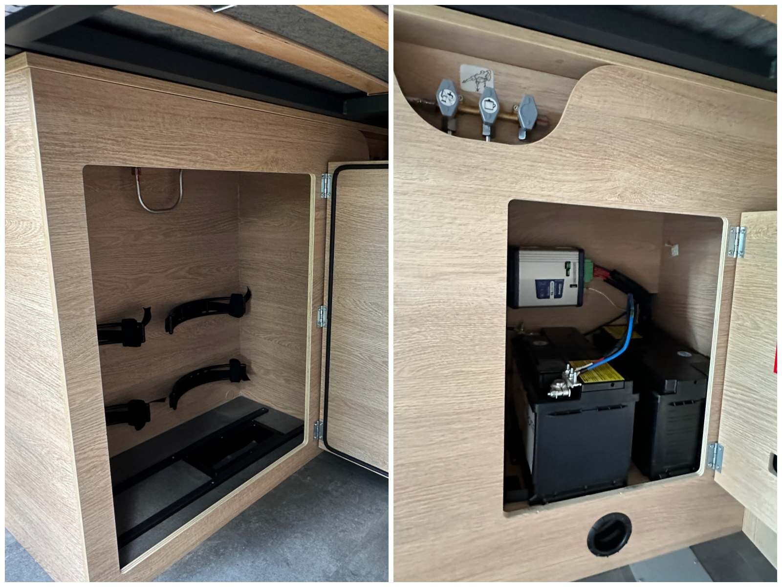 Duo de bouteilles de gaz (13 kg) et duo de batteries (AGM), accessibles dans la soute. Le Joa Camp 60G offre une bonne autonomie.