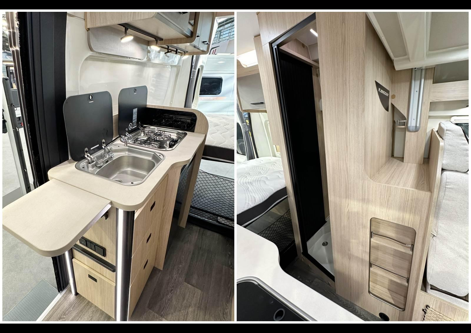 Randger R555 - Cuisine côté porte coulissante, et cabinet de toilette côté opposé