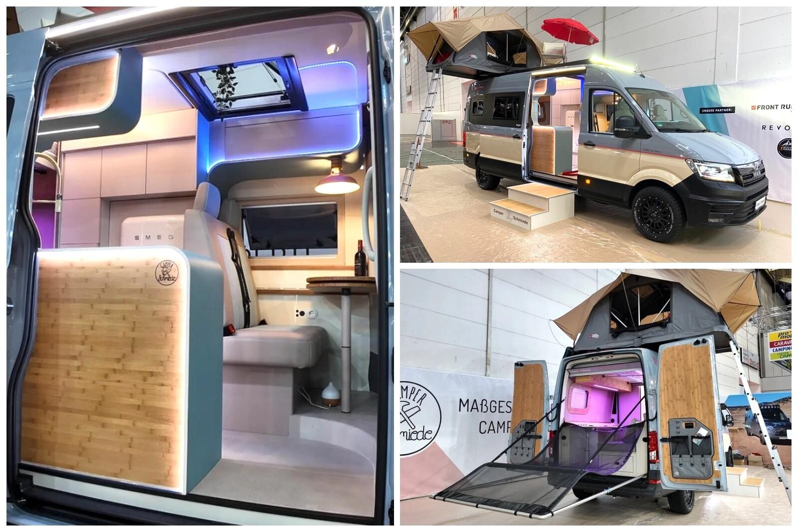 Le mobilier aux lignes incurvées et les jeux d'éclairage confèrent à ce fourgon une atmosphère raffinée. On adore par ailleurs l'idée du hamac suspendu à l'arrière ! ? Camper Schmiede