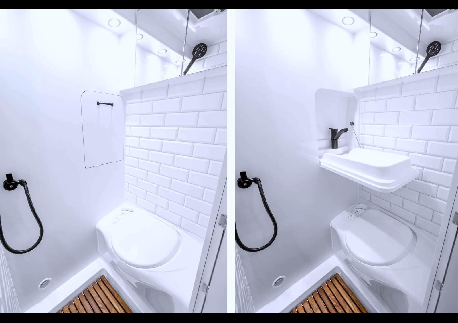 Le cabinet de toilette s’équipe d’un lavabo rabattable au-dessus des toilettes.