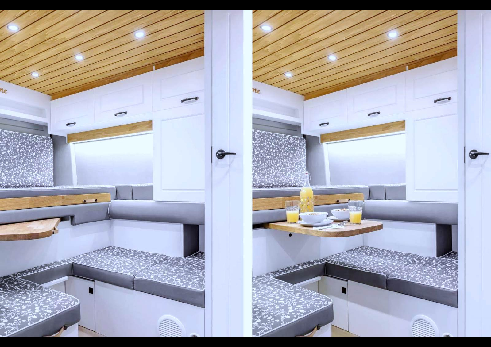 L'aménagement modulable permet de composer un lit simple transversal ou un profond sofa avec espace salon et table escamotable sans pied, soit un lit double transversal (140 x 192 cm).