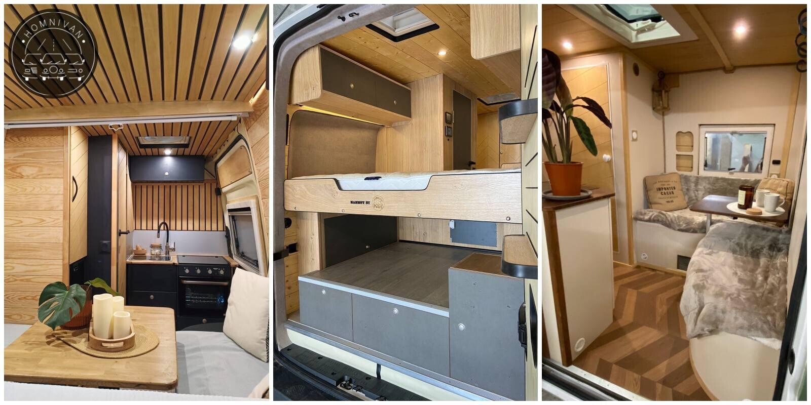 Haut degré de finition sur un Crafter (à gauche), ambiance chalet dans ce Man TGE 4x4, au mobilier assemblé avec des Clamex sans colle (au centre), esprit bohème et cocooning dans un Peugeot Boxer (à droite).