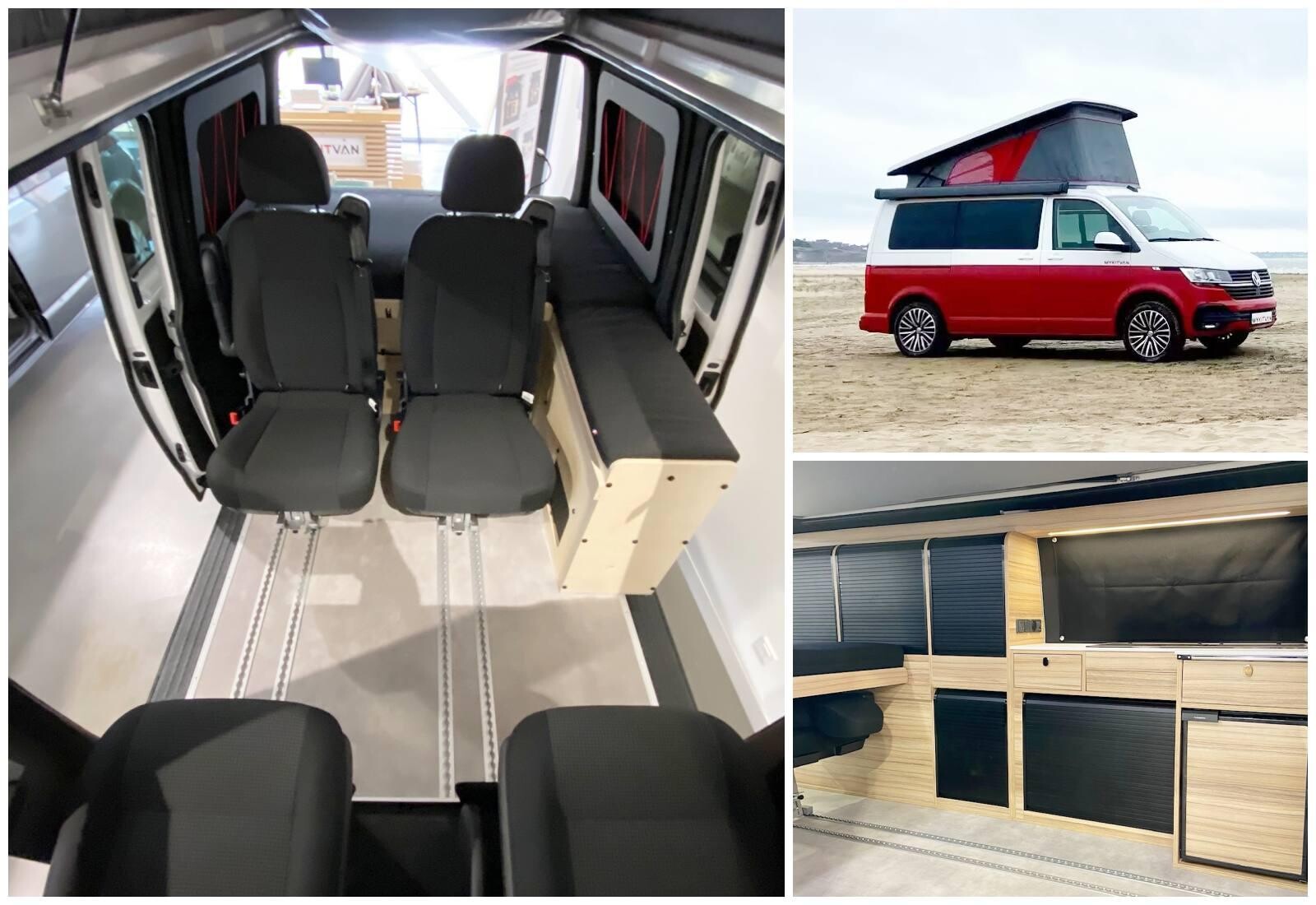 Également sur le stand Mykitvan, la gamme Space sur un VW T6.1 L1 , à partir de 62.900 € (photo de gauche). Et l'aménagement Space sur deux VW T6.1 : un court à partir de 65.900 € et un long à partir de 72.900 € (photos de droite).