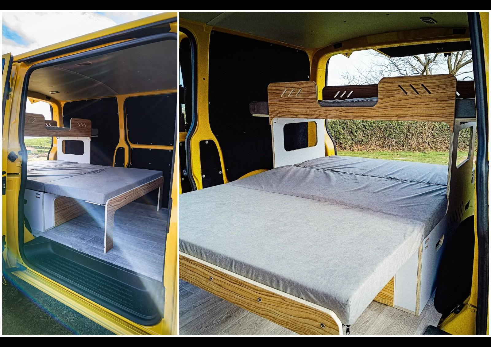 La banquette se convertit en lit à l'aide de son sommier peigne.