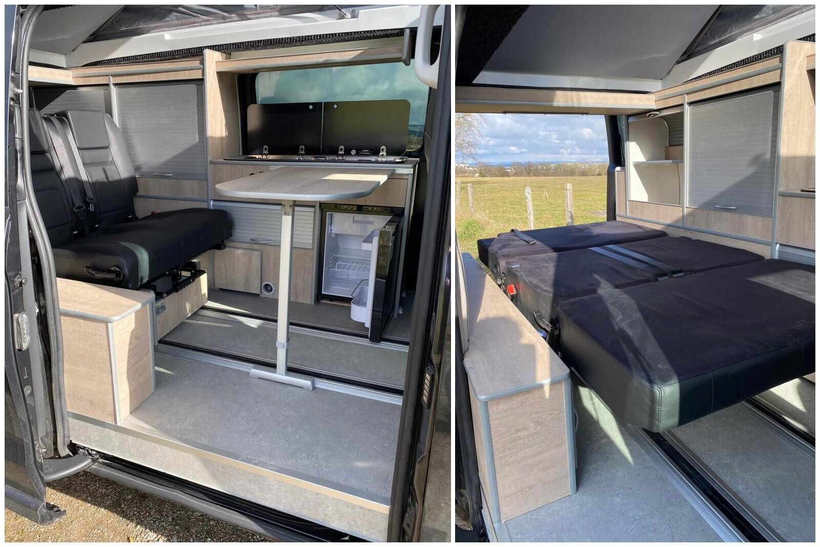 Banquette coulissante Scopema 2 places installée sur un Mercedes Vito par Loisirs 12 aménagement.