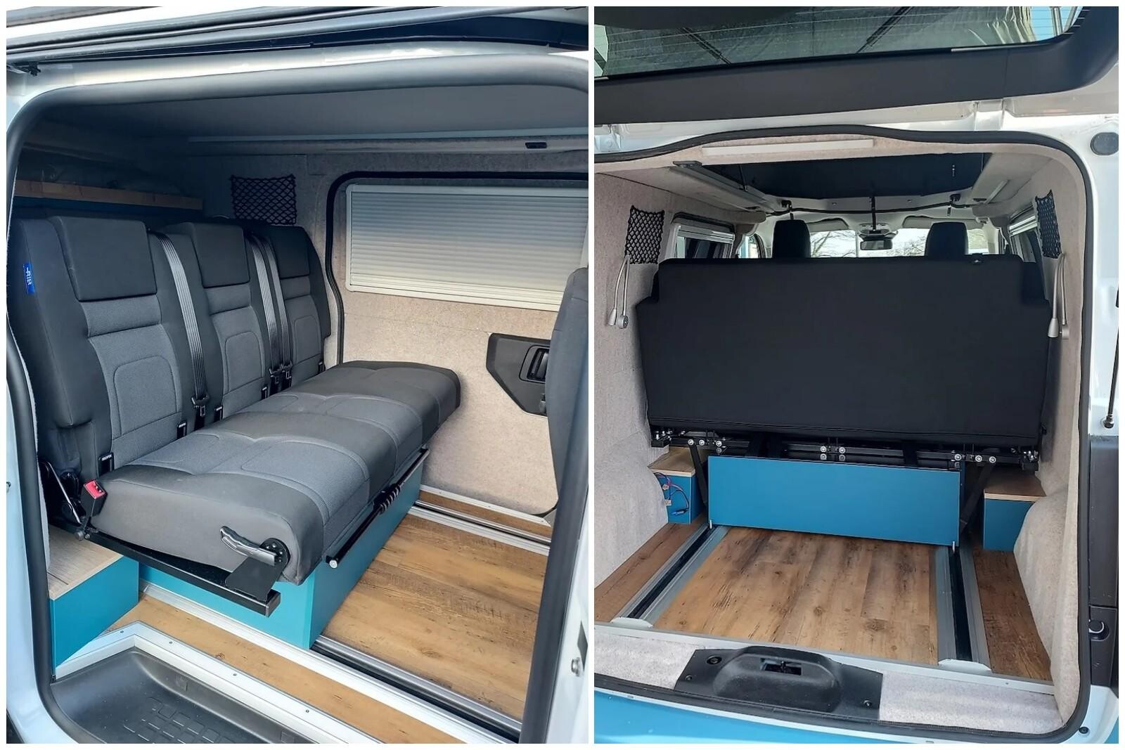 Banquette coulissante Scopema 3 places installée sur un Citroën Jumpy par Sam'Évade.