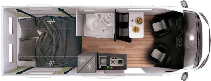 Implantation de l'Elios 63 GX (6,36 m) avec lit de pavillon électrique