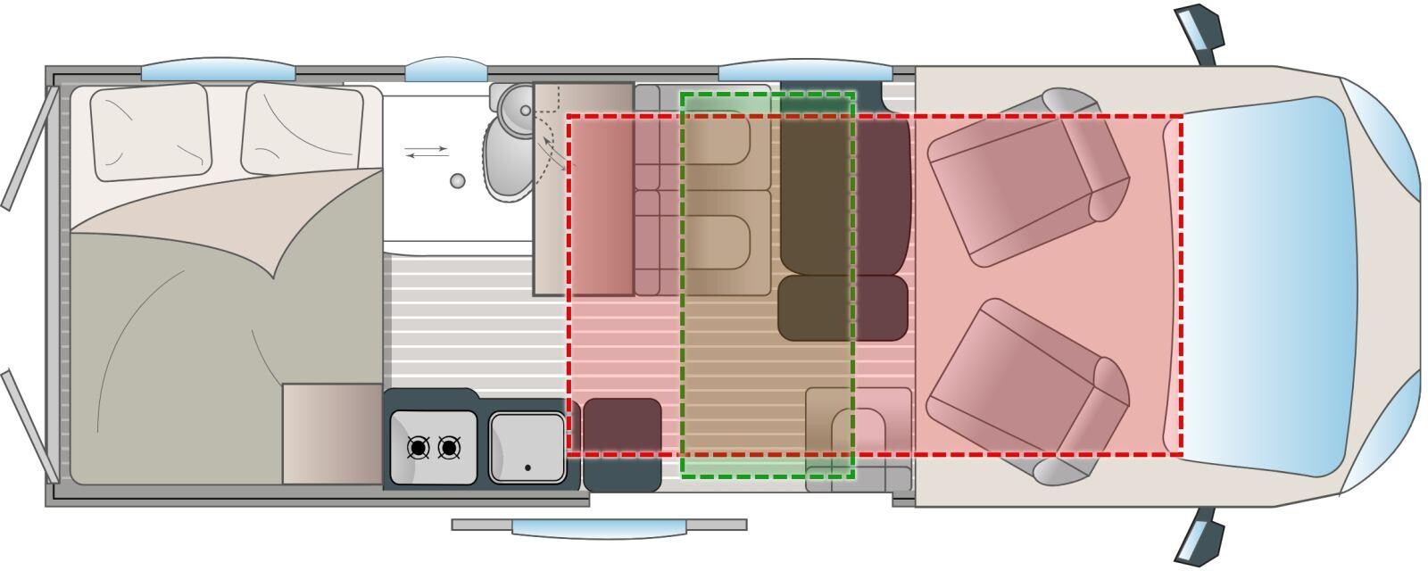 La nuit, le Randger R555 héberge 5 couchages : 2 dans le lit transversal arrière, 2 dans le le lit de pvillon avant, et 1 d'appoint dans le lit dinette.