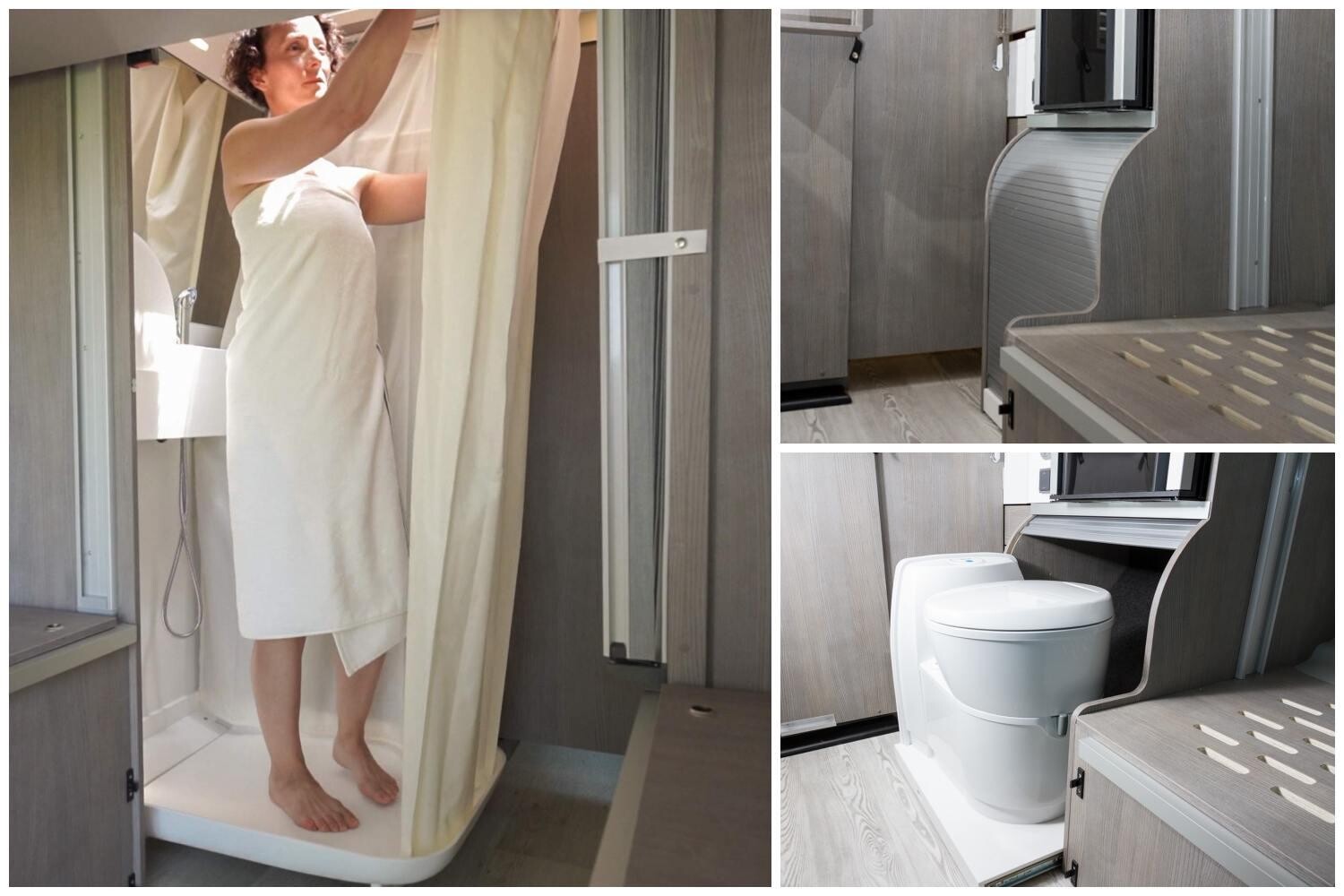 La douche occupe l'espace central juste le temps de son utilisation, idem pour le WC coulissant.