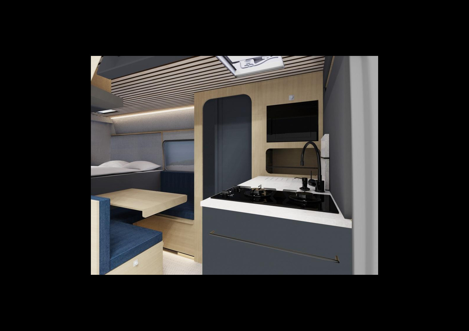 Si l’aménagement est ici standardisé, trois choix de déco sont proposés ainsi qu’un large éventail d’options : toit relevable, batterie(s) additionnelle(s), porte-matériel Skep, covering, peinture Raptor, etc.