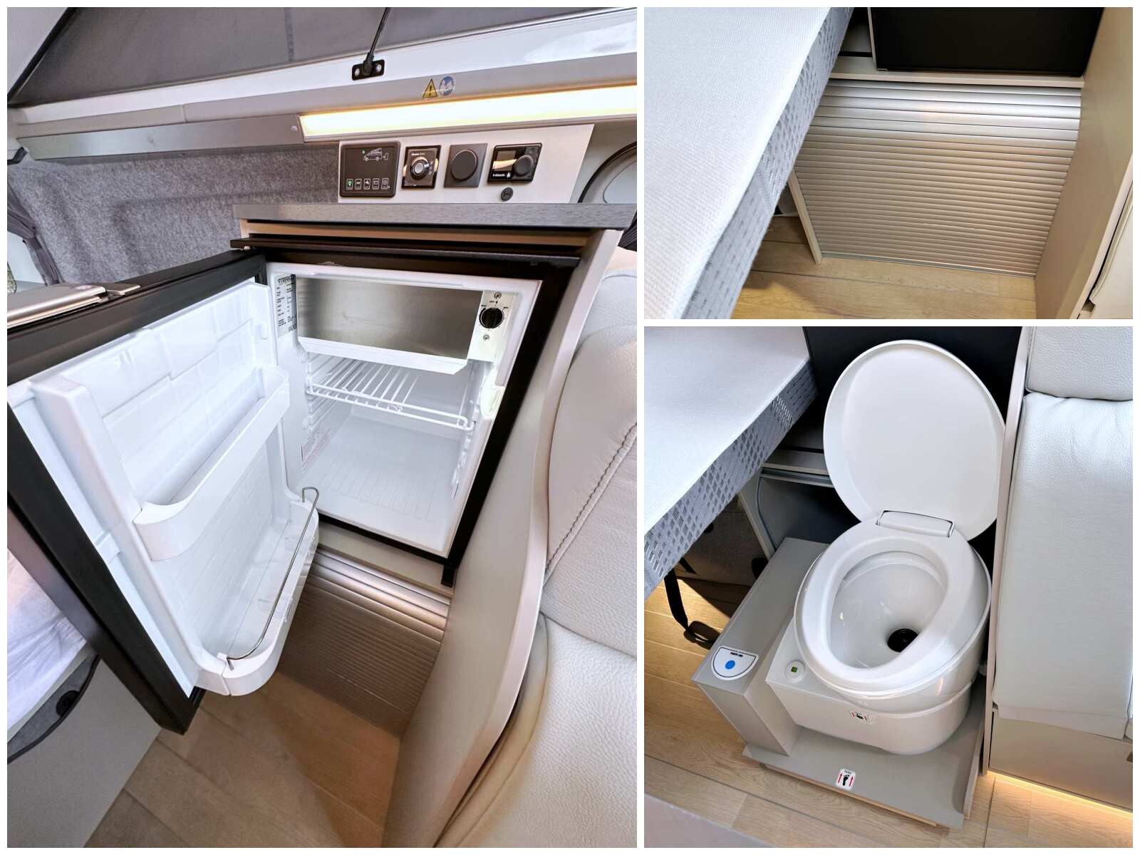 Le frigo de 51 L trouve sa place derrière la banquette. Si on fait l'impasse sur le WC chimique en option, on profite d'un placard supplémentaire en position basse.
