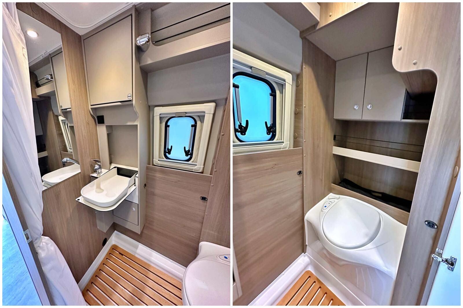 La salle de bain offre beaucoup de luminosité et d'aisance, à l'image du large WC exempt de toute manipulation. Derrière lui, de nombreux rangements, placards, étagères et même un sac à linge amovible, pratique !