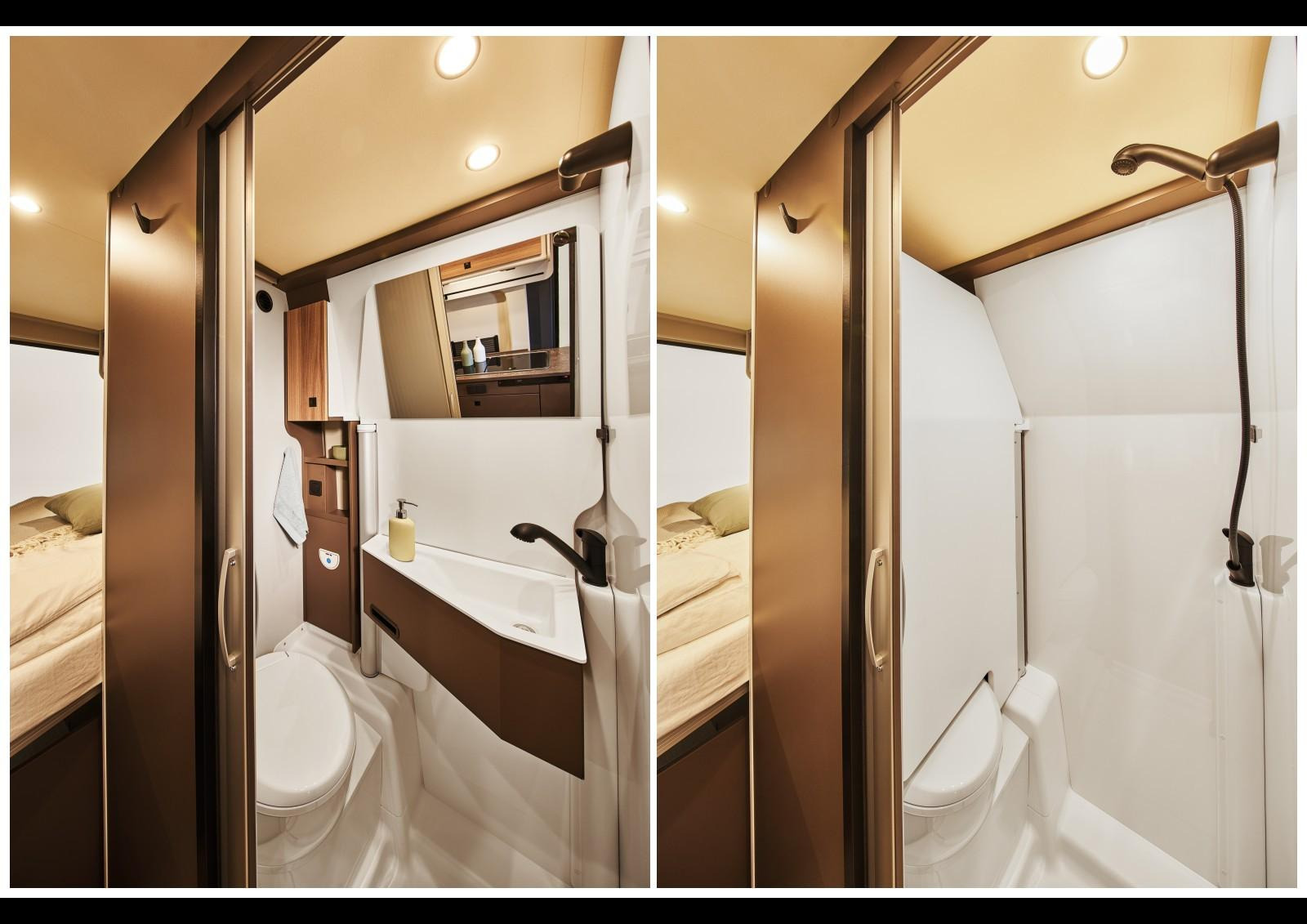 La salle d'eau Vario, un dispositif de modulation de l’espace bien plus pratique que l’ancien rideau de séparation.