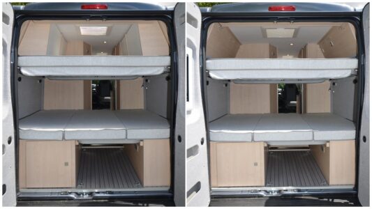 Clever Vans Vario Kids 600 - Dans la configuration de gauche (avec les placards de pavillon), un ou deux jeunes enfants peuvent dormir dans le sens de la longueur. A droite (sans placards), on retrouve une disposition plus classique où deux adultes peuvent dormir dans le sens de la largeur.