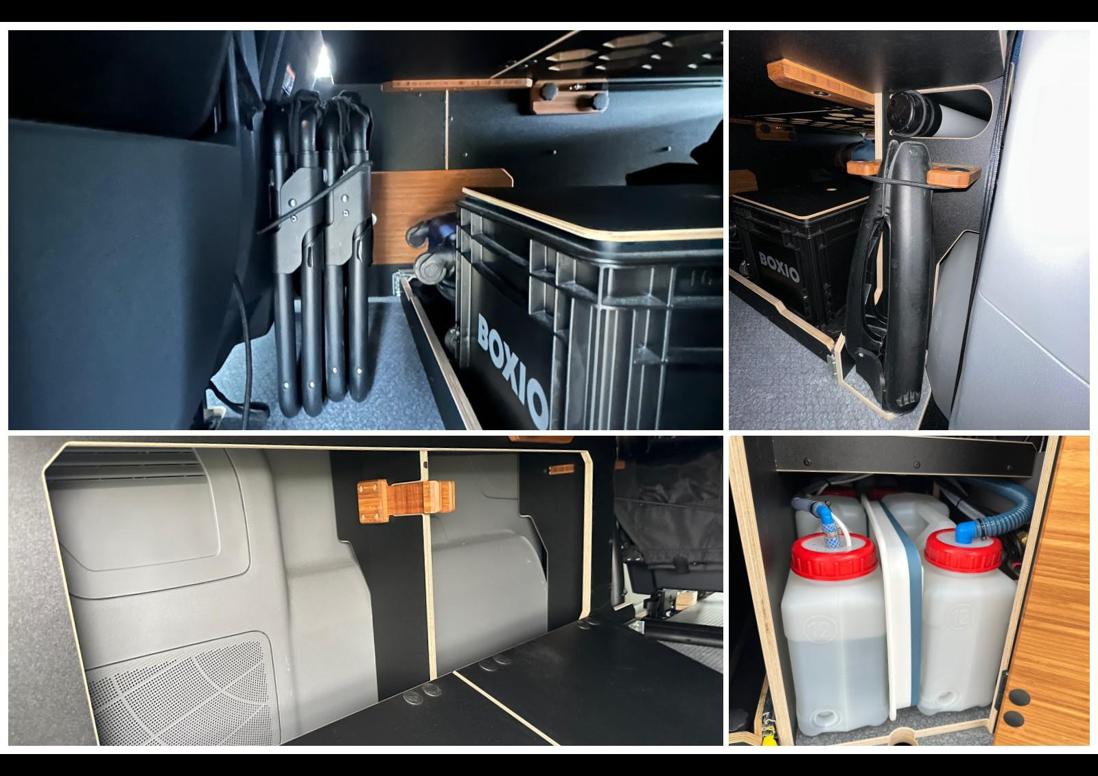 Entre la banquette et la plateforme coulissante, viennent se loger les 4 chaises pliantes et le pied de table et son support. En bas à gauche, le coffre au niveau du passage de roue ; en bas à droite, le coffre où sont stockées les 4 réserves d'eau.