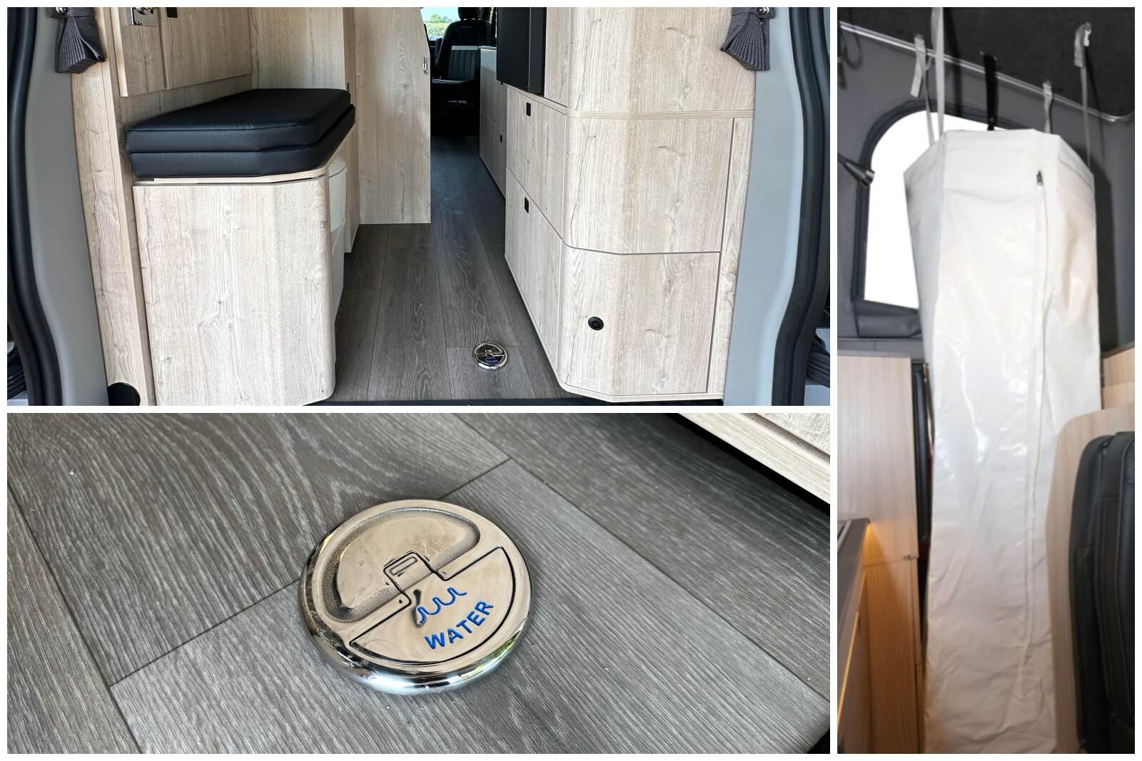 A l'arrière l'espace central relativement dégagé facilité la circulation, l'utilisation des WC, ainsi que l'accès aux rangement et au frigo. Cet espace permet de recevoir une douche, en option, celle-ci intègre son propre bac qui vient se brancher sur la bonde d'évacuation intégrée au plancher.