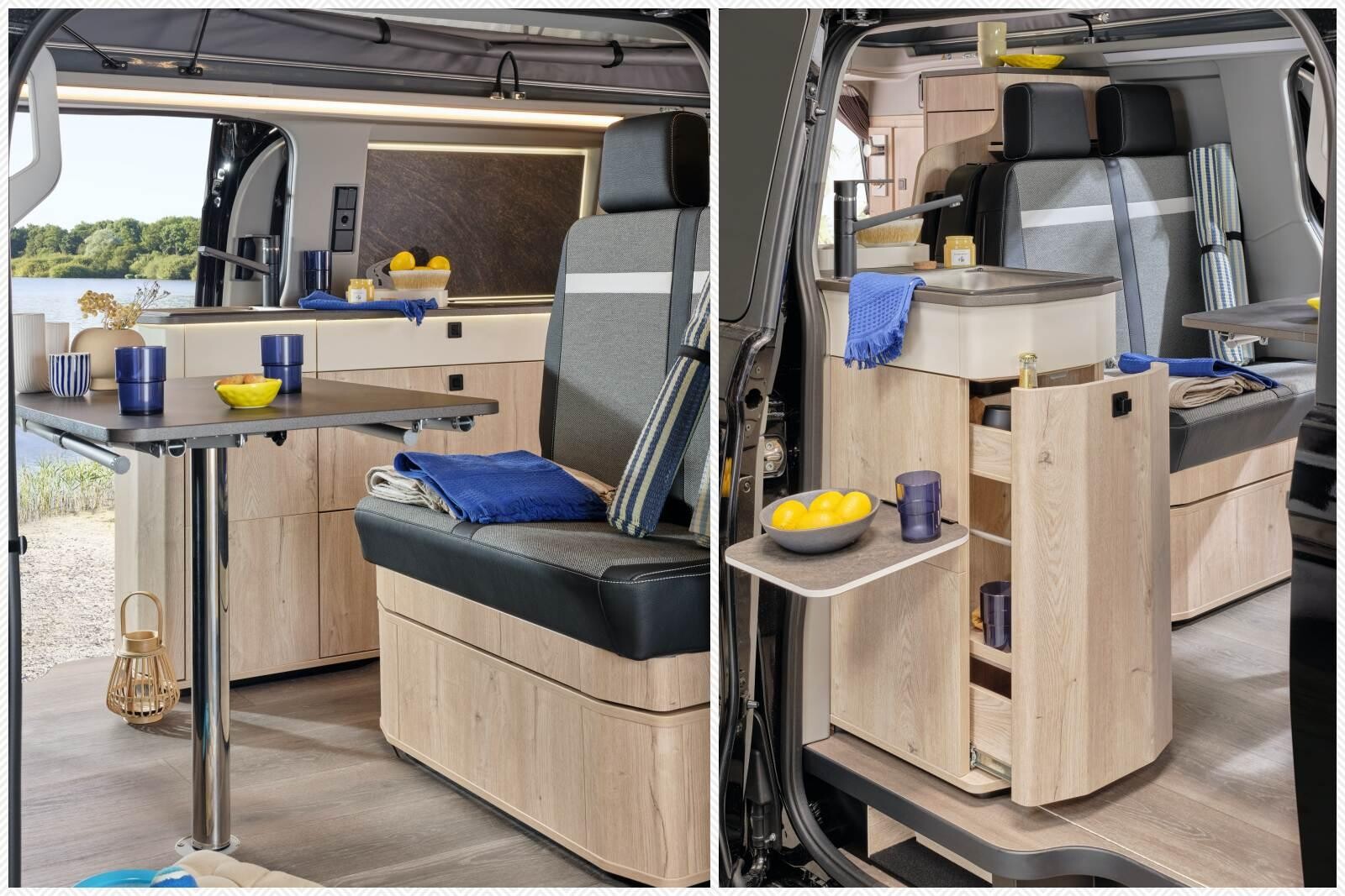 La table dinette est amovible. La conception de la cuisine permet une utilisation aussi bien intérieure qu'extérieure.