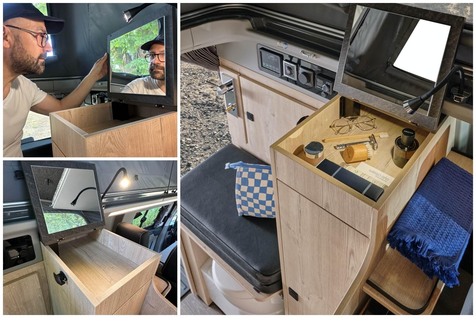 Derrière la banquette, le haut du meuble dispose d'un coffre avec miroir et prises USB intégrés, surmonté d'un spot orientable, pratique pour se recoiffer et stocker les smartphones.