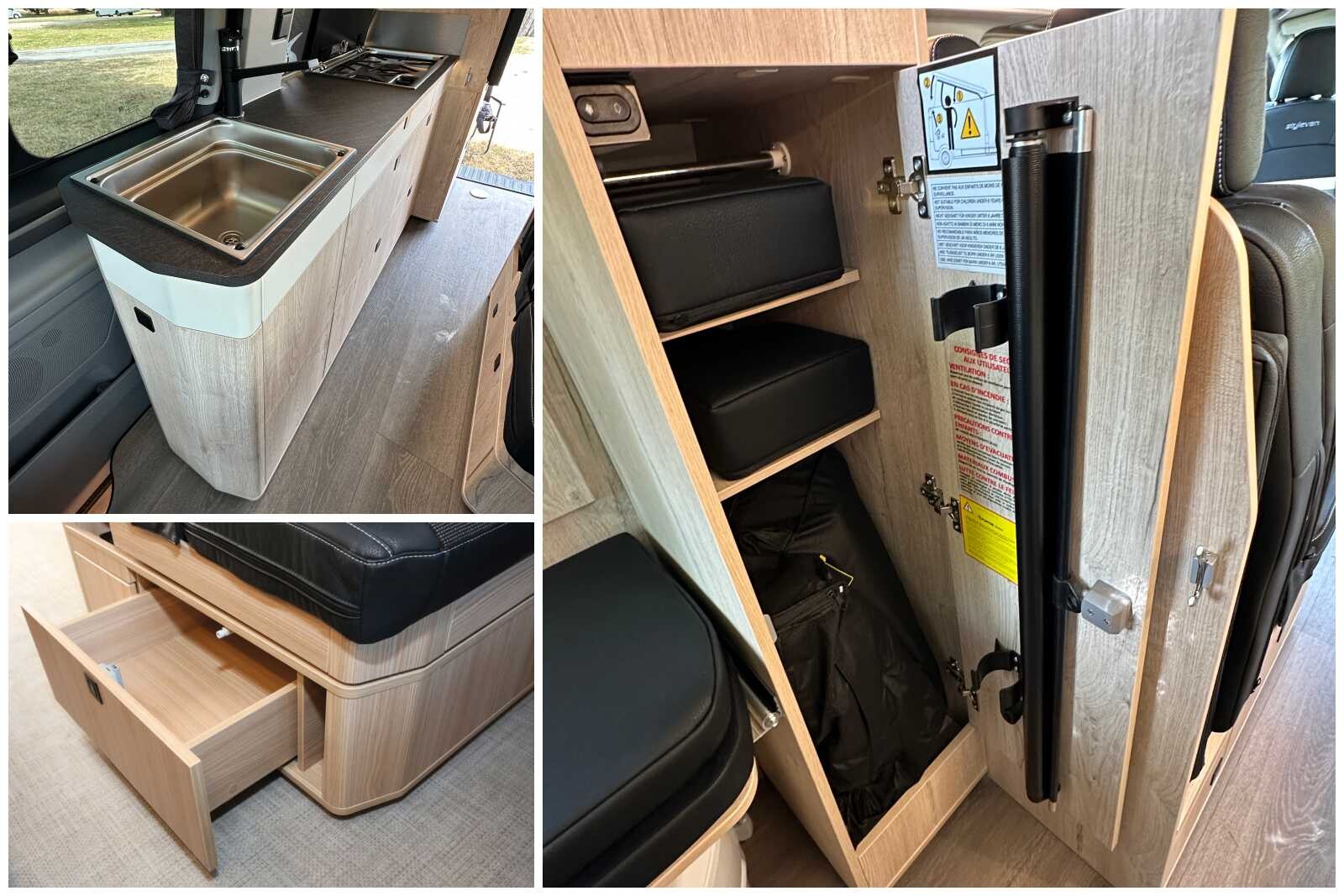 Sur cette photo : l'évier particulièrement profond de la cuisine, un énième rangement se cache sut le côté de la banquette, la colonne entre la banquette et le WC recèle les extensions du couchage bas et le rideau d'intimité déroulant.
