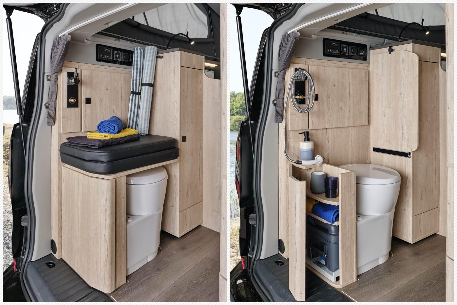 Les extensions de la banquette-lit peuvent servir de d'assise posées sur le toilette. On soulève la planche latéralement pour utiliser le WC, ce dernier bénéficie d'un rideau d’intimité dans le placard gauche, et d'un petit meuble à droite pour stocker le papier toilette et rerirer la cassette.