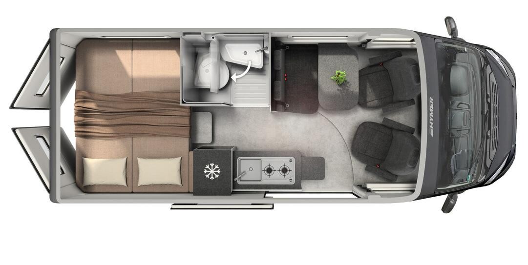 Hymer Redwood 601. Longueur : 5,99 m. Salle de bain Vario. Plan fourgon Hymer Redwood 601
