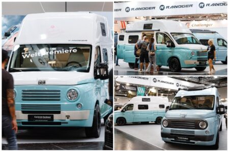 L'aménageur français Randger a créé le buzz en habillant deux de ses modèles sur Fiat Ducato - les R550 et R602 - d'un kit de carrosserie néo-retro Caselani, inspiré du Fiat 616N. ©️ Messe Düsseldorf / ctillmann