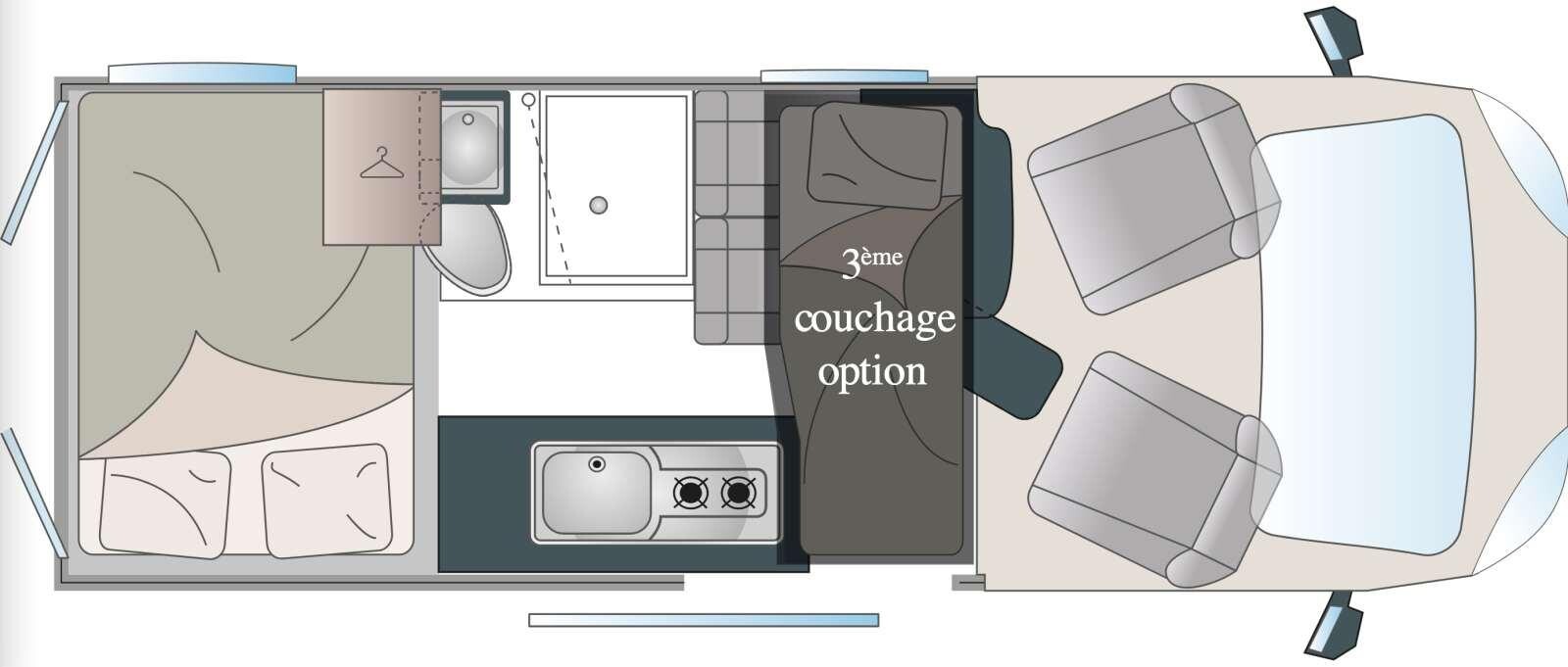 Implantation nuit du Randger R560 4x4 (5,98 m) sur Ford Transit 165 ch : lit transversal arrière et troisième couchage dinette optionnel