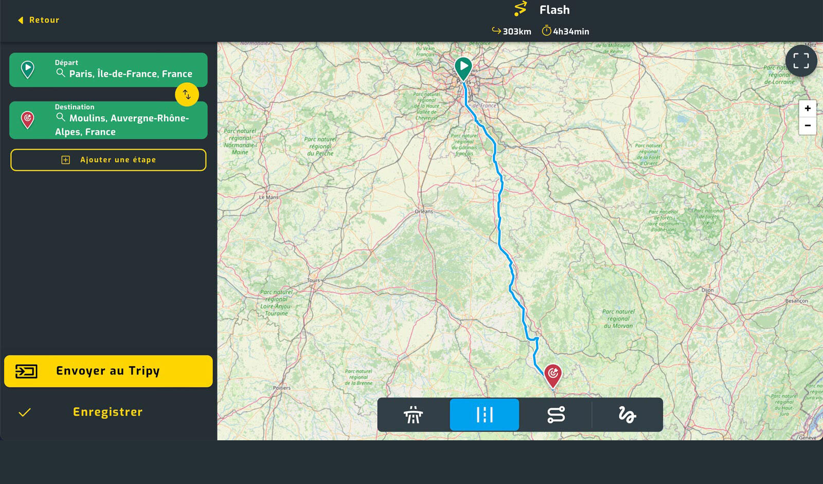 Itinéraire TripyMap de Paris (75) à Moulins (03), le plus direct sans autoroute. 303 km en 4h34.