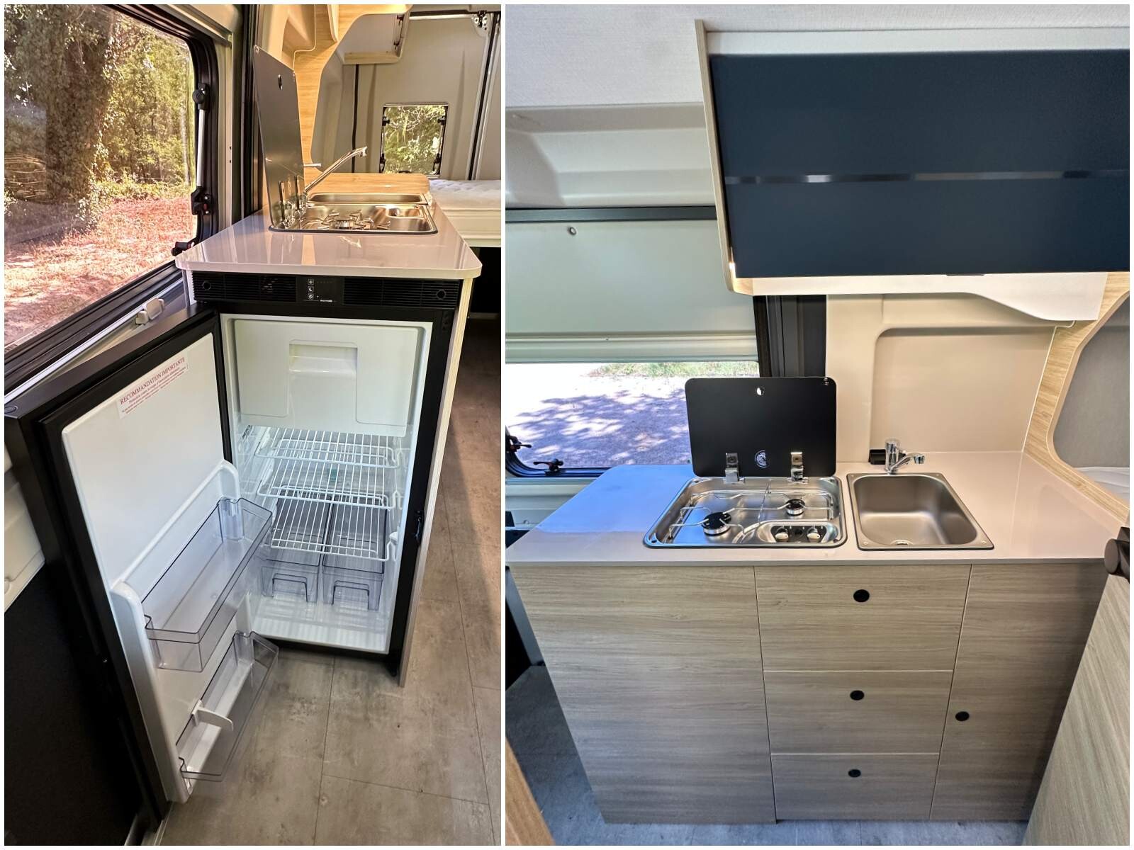 La cuisine du V594 Road Line avec son frigo à double sens d'ouverture pour un accès intérieur ou extérieur.