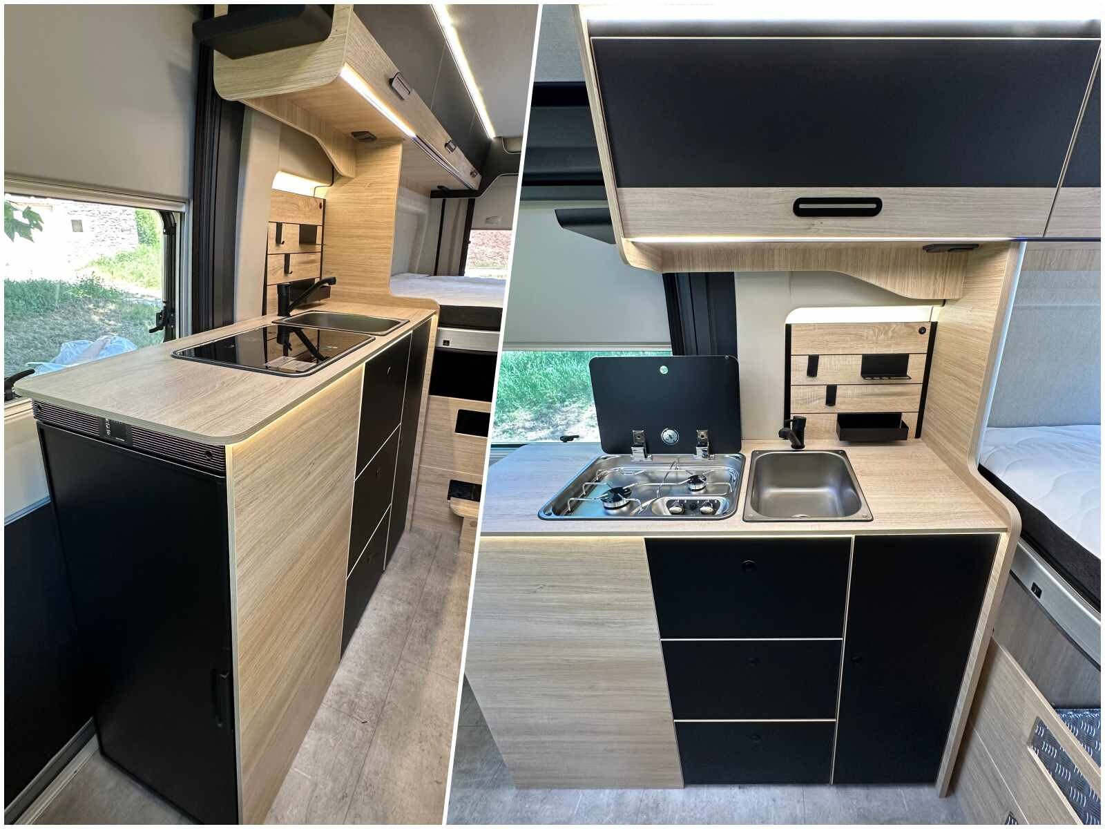 Façades bicolores pour le bloc cuisine du Chausson V690 en finition Sport.