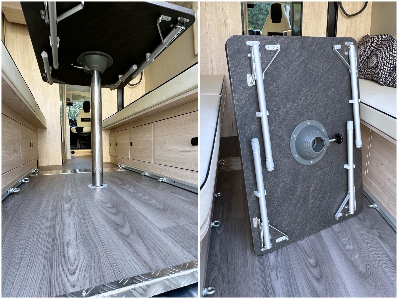 La table se fixe sur un tube à l'intérieur du fourgon, et dispose de ses propres pieds dépliables pour être utilisée à l'extérieur.