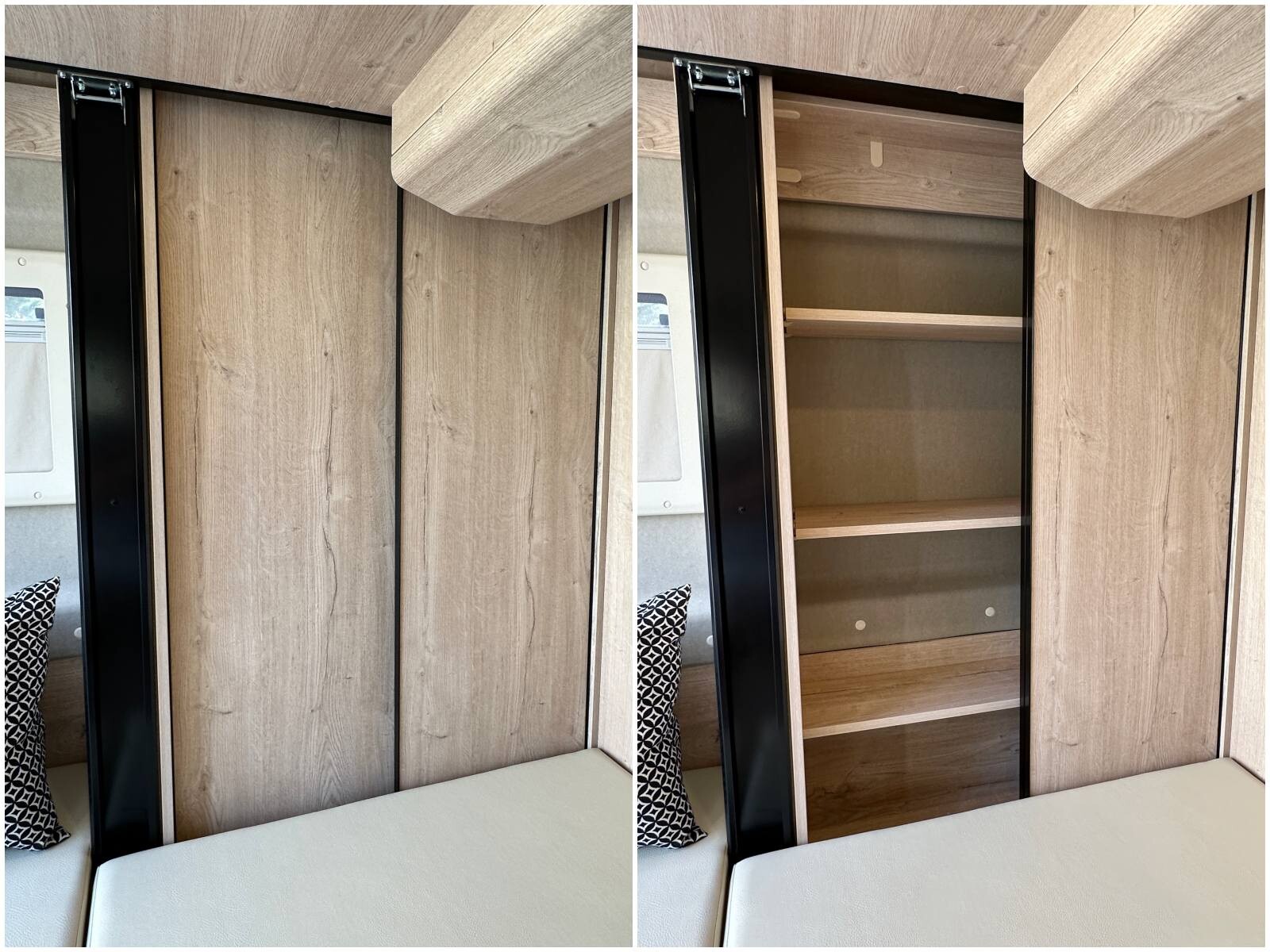 Les portes coulissantes du placard latéral autorise un accès depuis la banquette ou depuis le lit de pavillon abaissé.