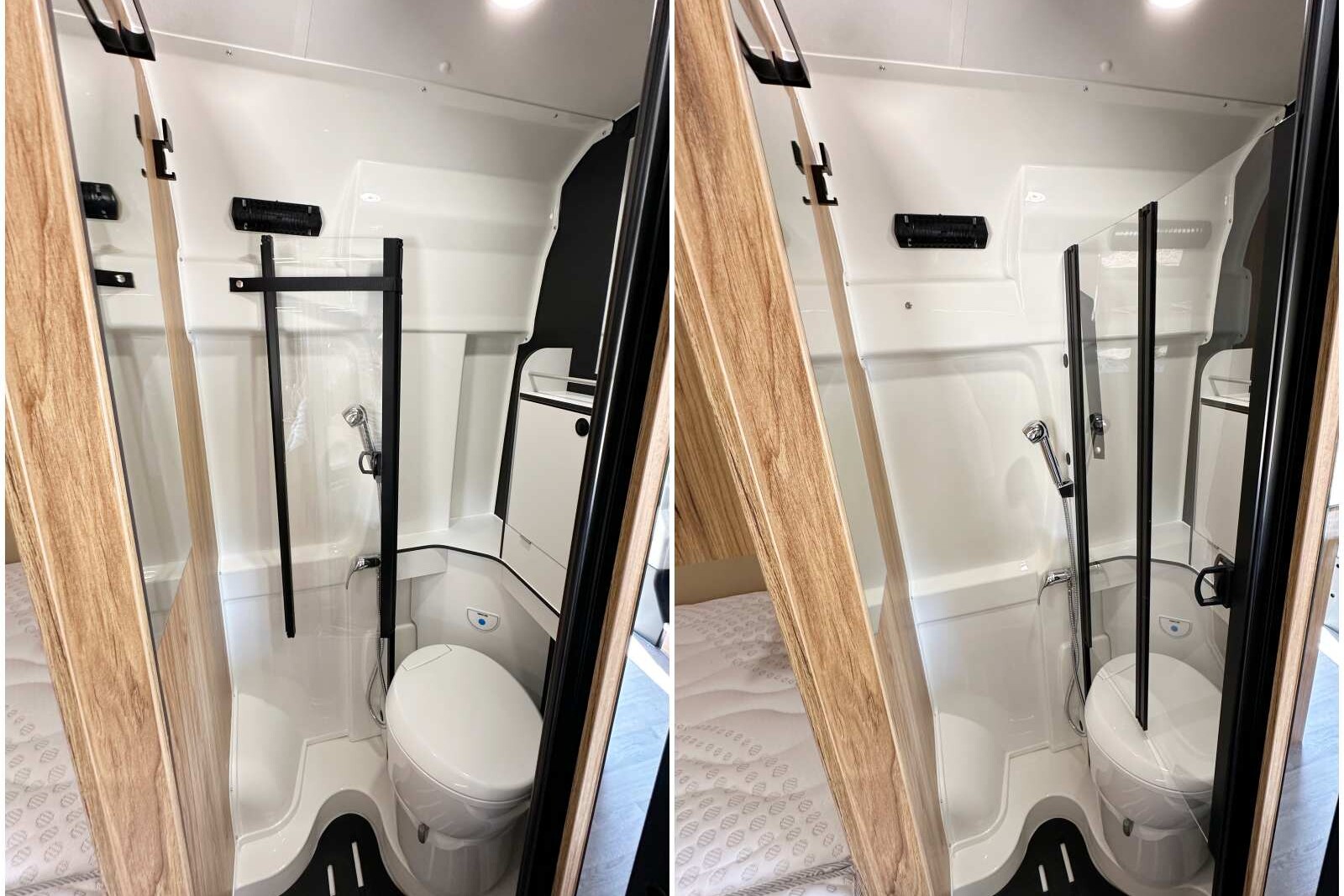A bord du Rando Camp, le rideau de douche souples est remplacé par une paroi dépliable.